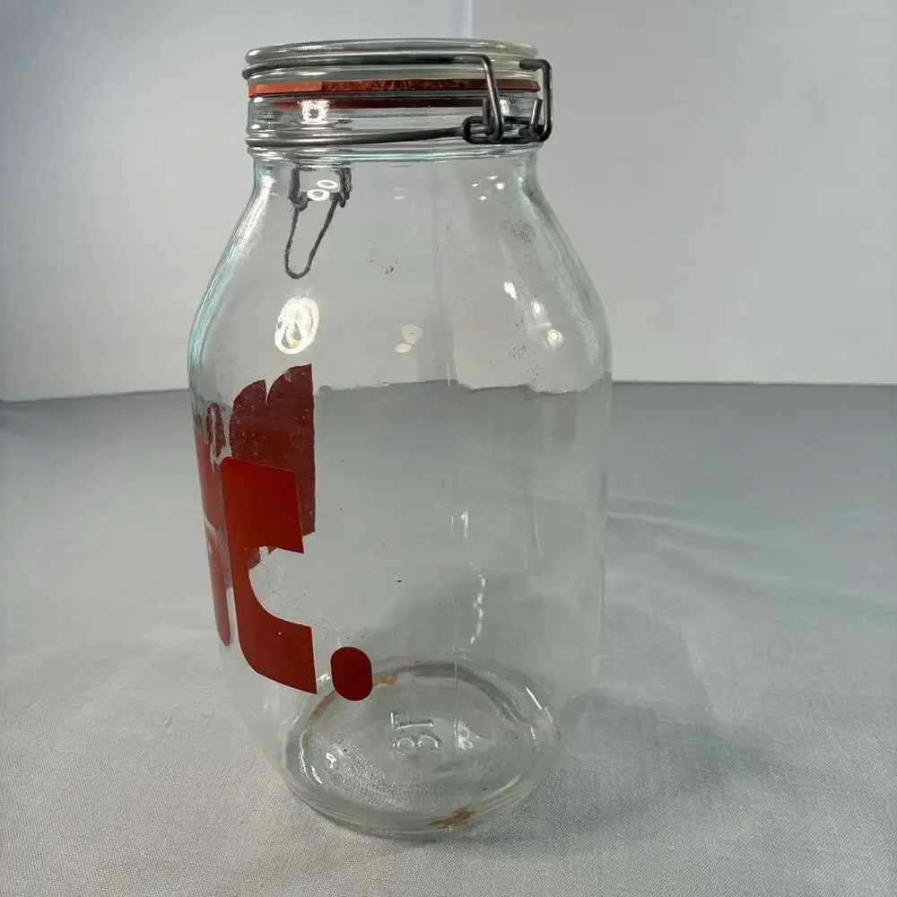 Vintage 3L Glass Storage Jar Clamp Lid Red Retro Graphic Kitchen Canister 11 In